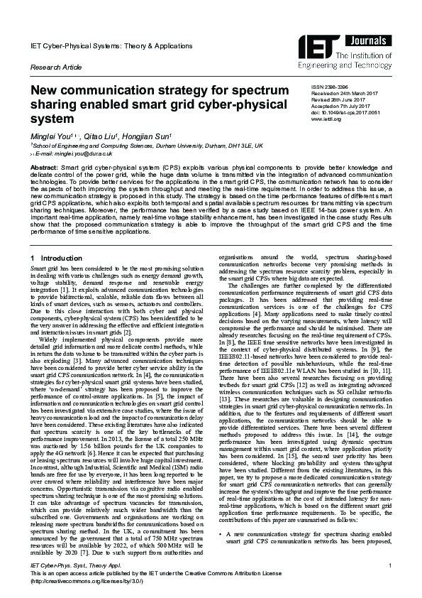 New communication strategy for spectrum sharing enabled smart grid cyber‐physical system Thumbnail