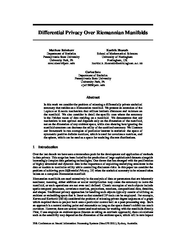 Differential privacy over Riemannian manifolds Thumbnail