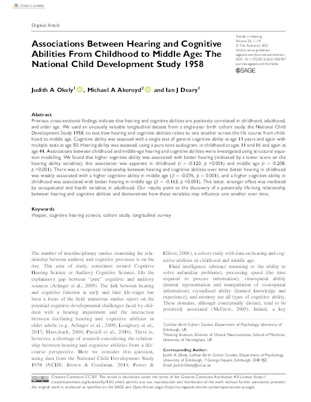 Associations Between Hearing and Cognitive Abilities From Childhood to Middle Age: The National Child Development Study 1958 Thumbnail