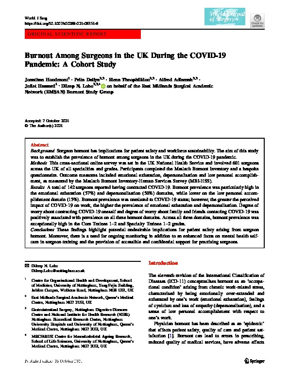 Burnout Among Surgeons in the UK During the COVID-19 Pandemic: A Cohort Study Thumbnail