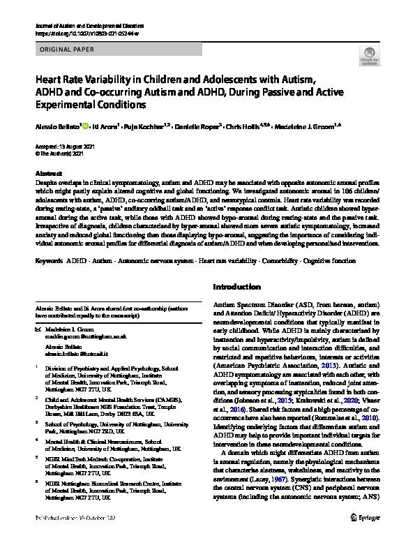 Heart Rate Variability in Children and Adolescents with Autism, ADHD and Co-occurring Autism and ADHD, During Passive and Active Experimental Conditions Thumbnail