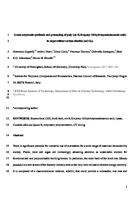 Green enzymatic synthesis and processing of poly (cis-9,10-epoxy-18-hydroxyoctadecanoic acid) in supercritical carbon dioxide (scCO2) Thumbnail