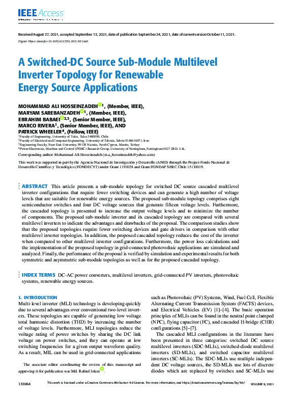 A Switched-DC Source Sub-Module Multilevel Inverter Topology for Renewable Energy Source Applications Thumbnail