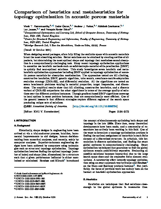 Comparison of heuristics and metaheuristics for topology optimisation in acoustic porous materials Thumbnail