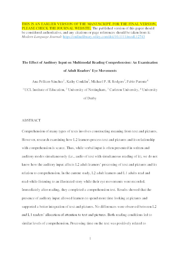 The Effect of Auditory Input on Multimodal Reading Comprehension: An Examination of Adult Readers’ Eye Movements Thumbnail