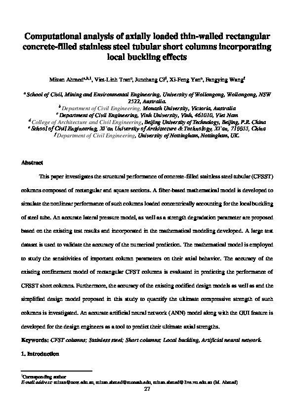 Computational analysis of axially loaded thin-walled rectangular concrete-filled stainless steel tubular short columns incorporating local buckling effects Thumbnail