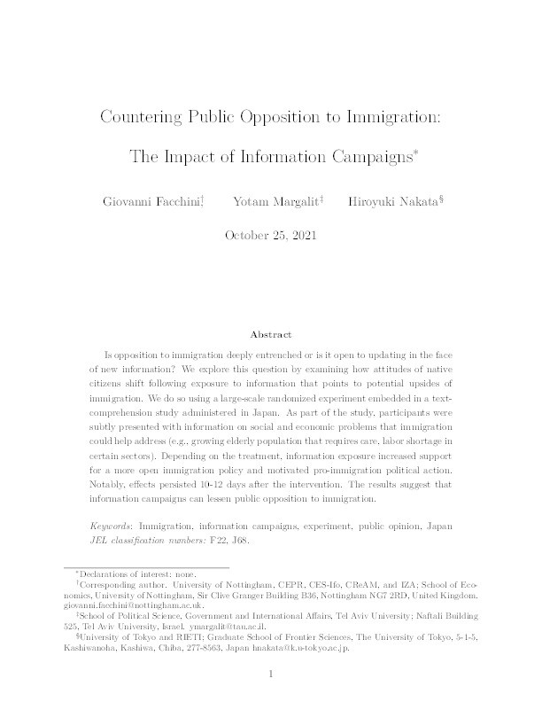 Countering Public Opposition to Immigration: The Impact of Information Campaigns Thumbnail