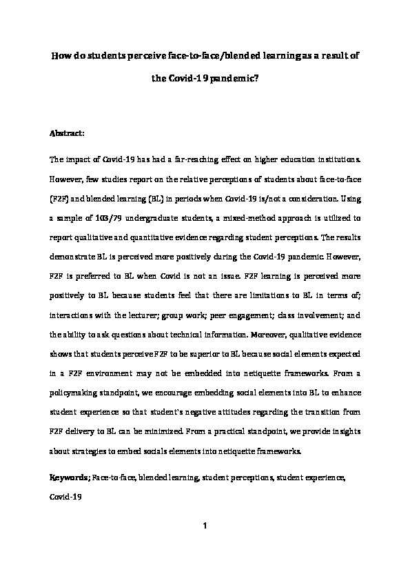 How do students perceive face-to-face/blended learning as a result of the Covid-19 pandemic? Thumbnail