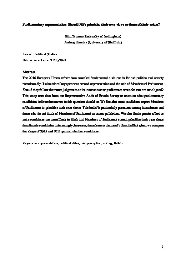 Parliamentary Representation: Should MPs Prioritise Their Own Views or Those of Their Voters? Thumbnail
