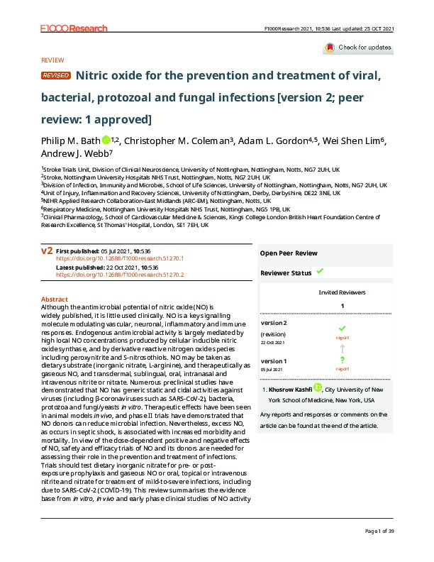 Nitric oxide for the prevention and treatment of viral, bacterial, protozoal and fungal infections Thumbnail