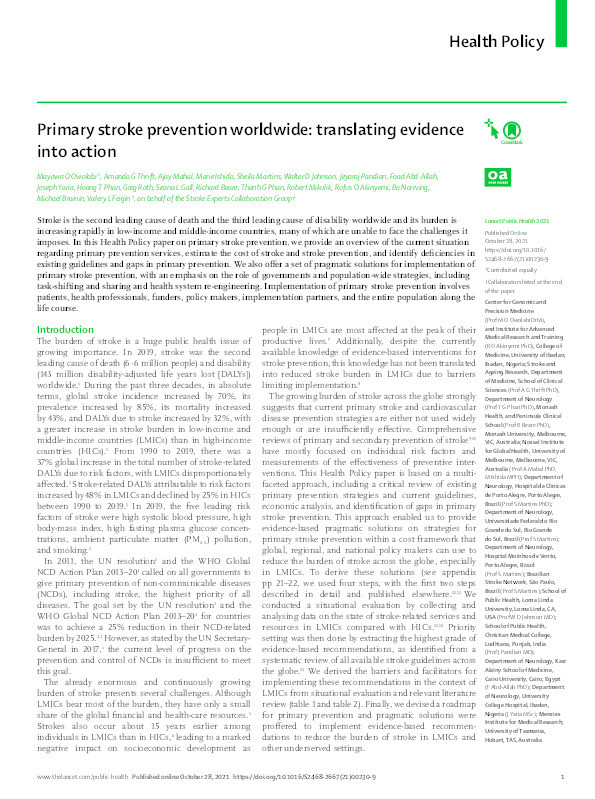 Primary stroke prevention worldwide: translating evidence into action Thumbnail