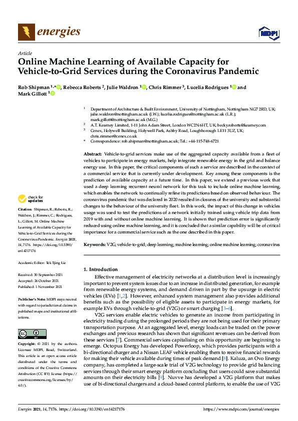 Online machine learning of available capacity for vehicle-to-grid services during the coronavirus pandemic Thumbnail