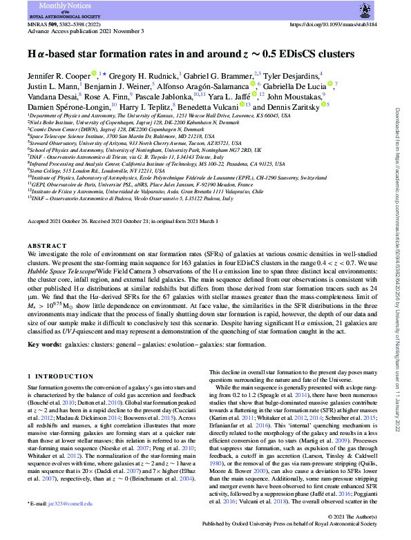 H α-based star formation rates in and around z ∼ 0.5 EDisCS clusters Thumbnail