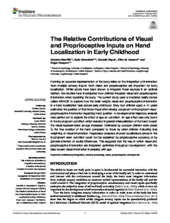 The Relative Contributions of Visual and Proprioceptive Inputs on Hand Localization in Early Childhood Thumbnail