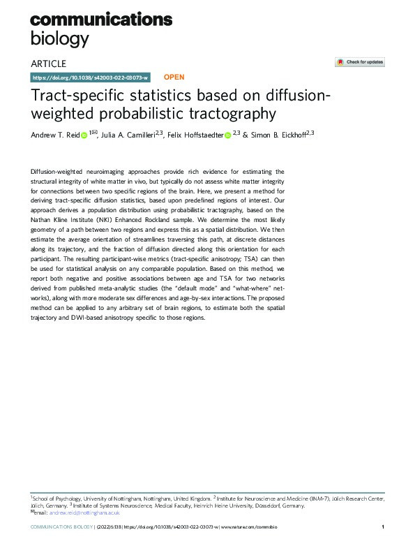 Tract-specific statistics based on diffusion-weighted probabilistic tractography Thumbnail