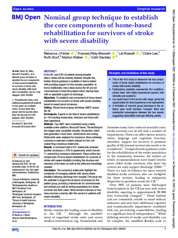 Nominal group technique to establish the core components of home-based rehabilitation for survivors of stroke with severe disability Thumbnail