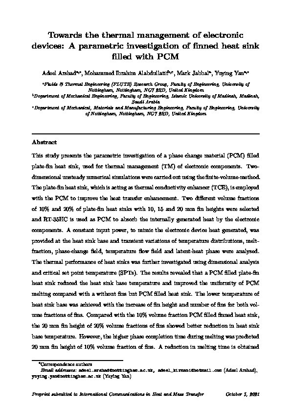 Towards the thermal management of electronic devices: A parametric investigation of finned heat sink filled with PCM Thumbnail