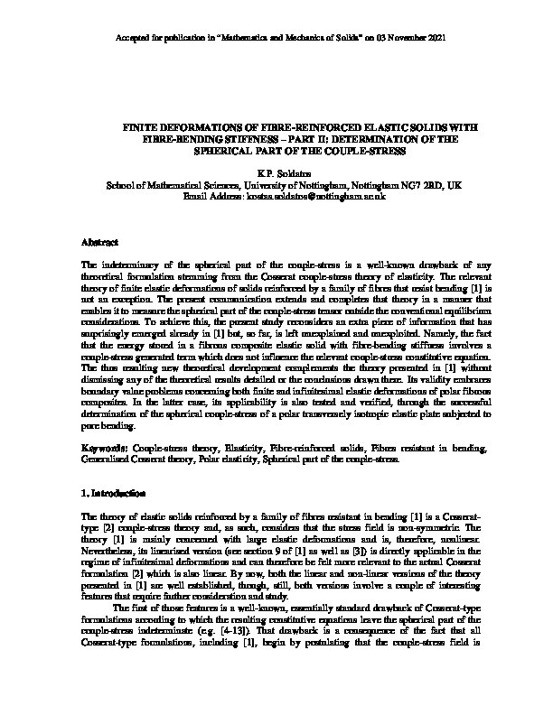 Finite deformations of fibre-reinforced elastic solids with fibre bending stiffness – Part II: determination of the spherical part of the couple-stress Thumbnail