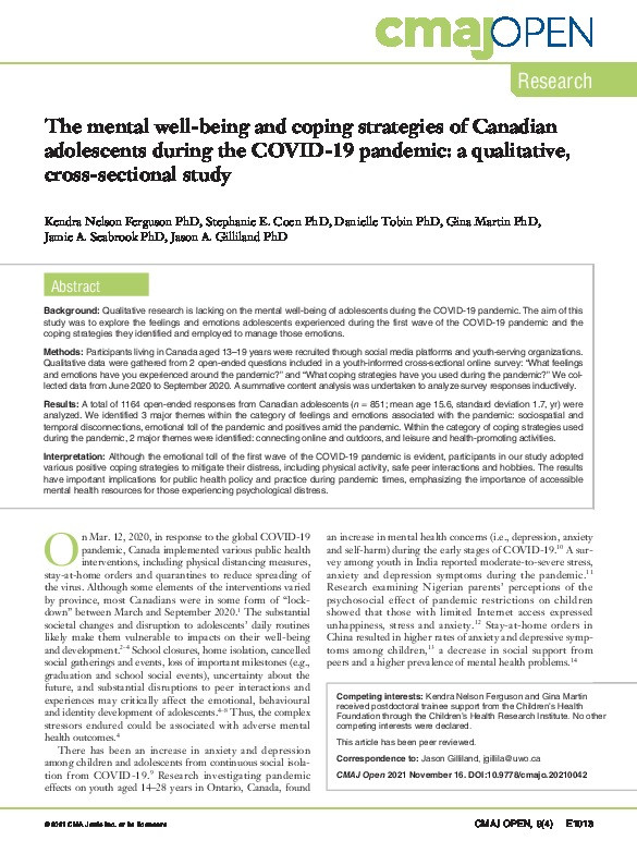 The mental well-being and coping strategies of Canadian adolescents during the COVID-19 pandemic: a qualitative, cross-sectional study Thumbnail