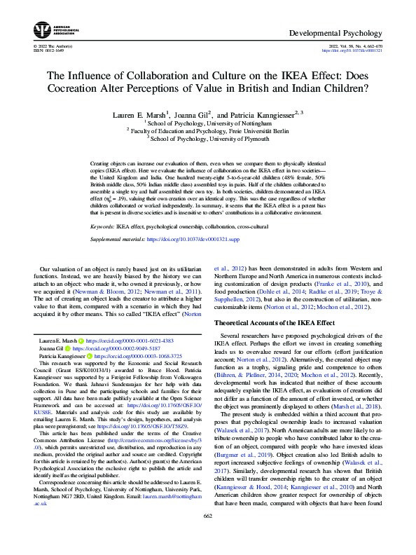 The influence of collaboration and culture on the IKEA effect: Does cocreation alter perceptions of value in British and Indian children? Thumbnail