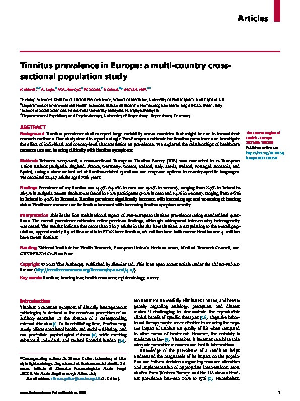 Tinnitus prevalence in Europe: a multi-country cross-sectional population study Thumbnail