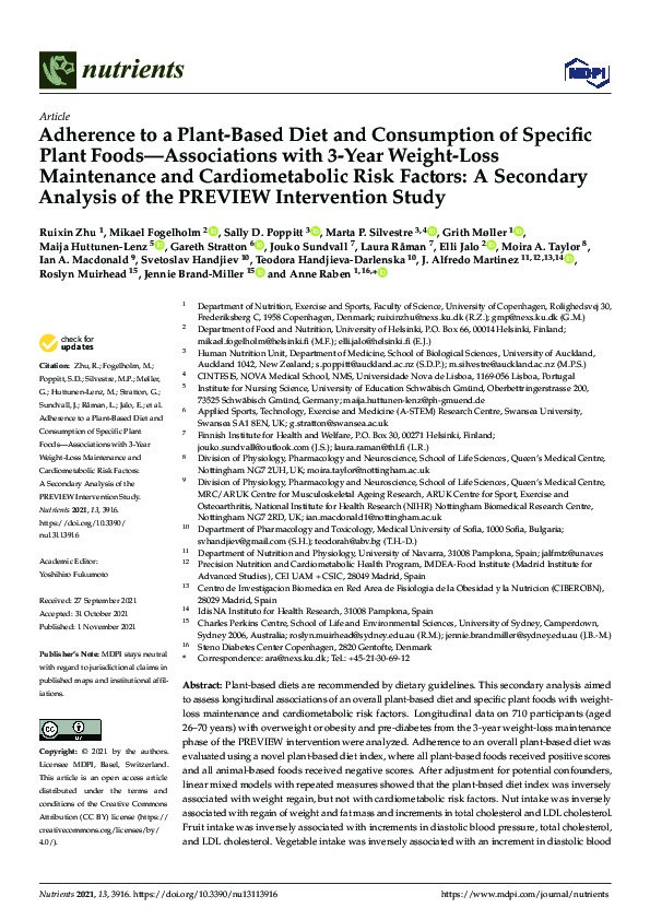 Adherence to a Plant-Based Diet and Consumption of Specific Plant Foods—Associations with 3-Year Weight-Loss Maintenance and Cardiometabolic Risk Factors: A Secondary Analysis of the PREVIEW Intervention Study Thumbnail