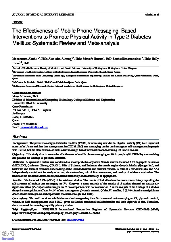 The Effectiveness of Mobile Phone Messaging-Based Interventions to Promote Physical Activity in Type 2 Diabetes Mellitus: Systematic Review and Meta-analysis Thumbnail