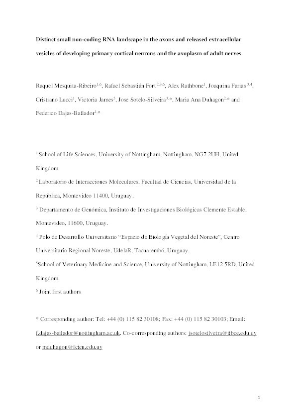 Distinct small non-coding RNA landscape in the axons and released extracellular vesicles of developing primary cortical neurons and the axoplasm of adult nerves Thumbnail