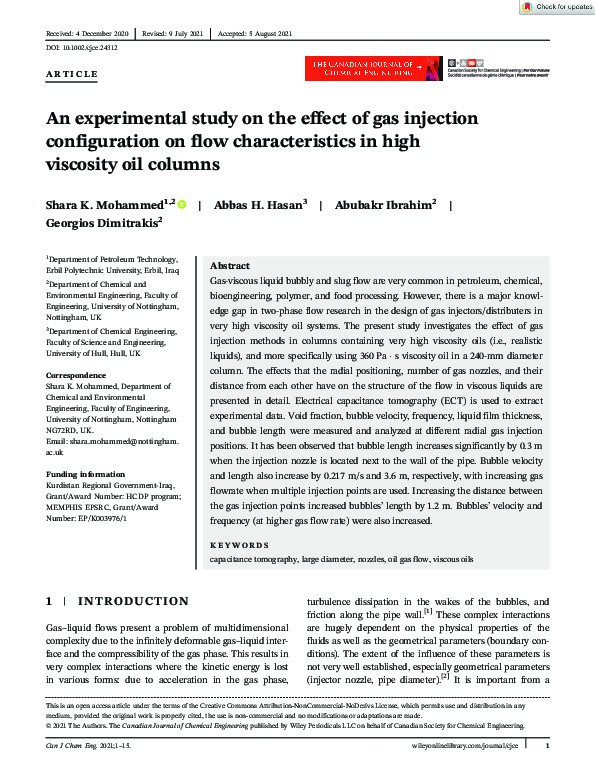 An experimental study on the effect of gas injection configuration on flow characteristics in high viscosity oil columns Thumbnail