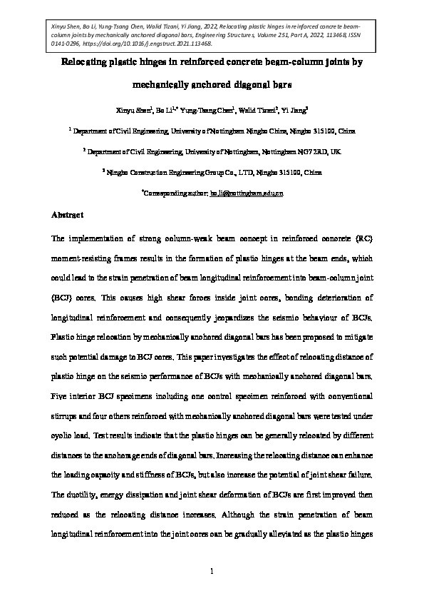 Relocating plastic hinges in reinforced concrete beam-column joints by mechanically anchored diagonal bars Thumbnail
