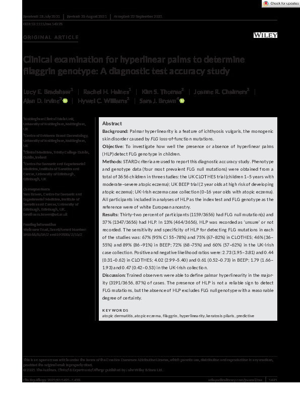 Clinical examination for hyperlinear palms to determine filaggrin genotype: A diagnostic test accuracy study Thumbnail