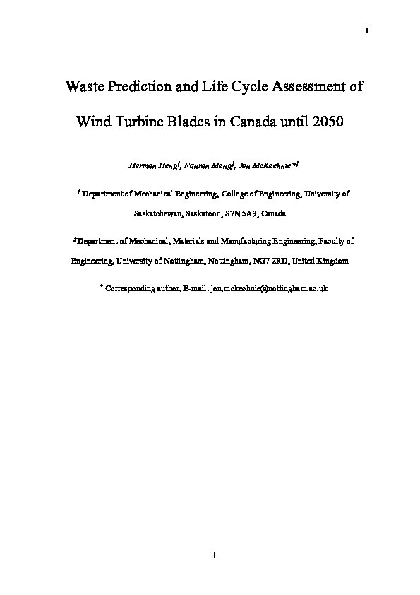 Wind turbine blade wastes and the environmental impacts in Canada Thumbnail