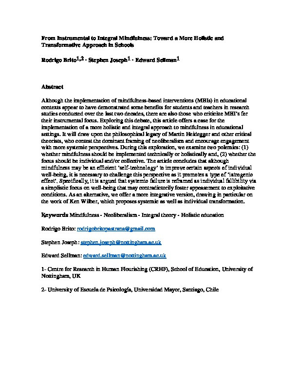 From Instrumental to Integral Mindfulness: Toward a More Holistic and Transformative Approach in Schools Thumbnail