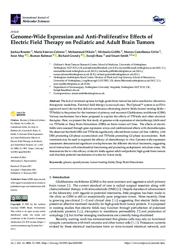 Genome-Wide Expression and Anti-Proliferative Effects of Electric Field Therapy on Pediatric and Adult Brain Tumors Thumbnail