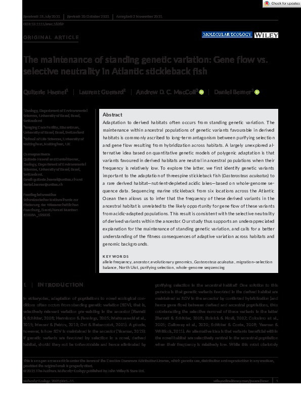 The maintenance of standing genetic variation: Gene flow vs. selective neutrality in Atlantic stickleback fish Thumbnail