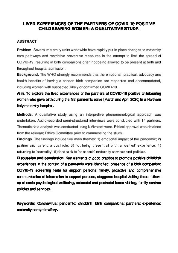 Lived experiences of the partners of COVID-19 positive childbearing women: A qualitative study Thumbnail