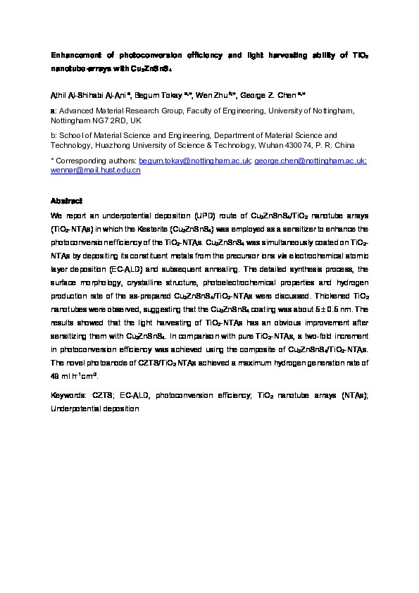 Enhancement of photoconversion efficiency and light harvesting ability of TiO2 nanotube-arrays with Cu2ZnSnS4 Thumbnail