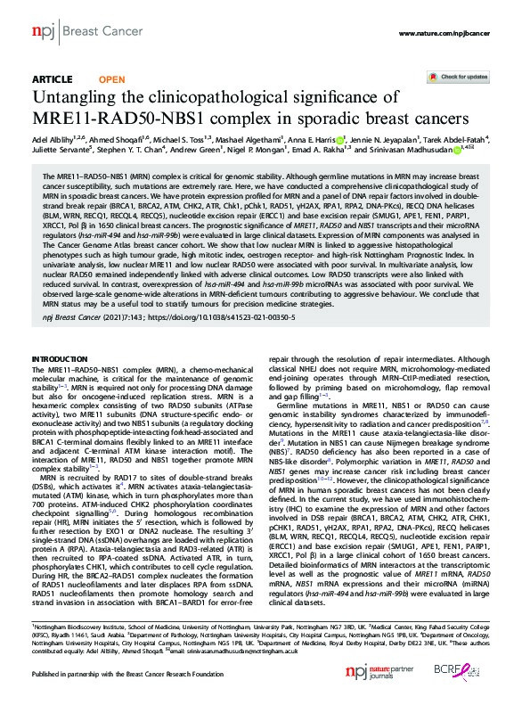 Untangling the clinicopathological significance of MRE11-RAD50-NBS1 complex in sporadic breast cancers Thumbnail