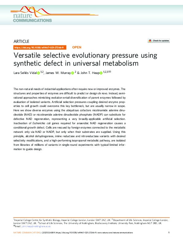 Versatile selective evolutionary pressure using synthetic defect in universal metabolism Thumbnail