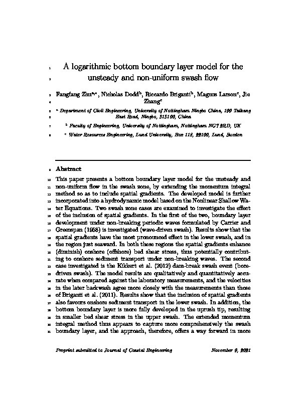 A logarithmic bottom boundary layer model for the unsteady and non-uniform swash flow Thumbnail