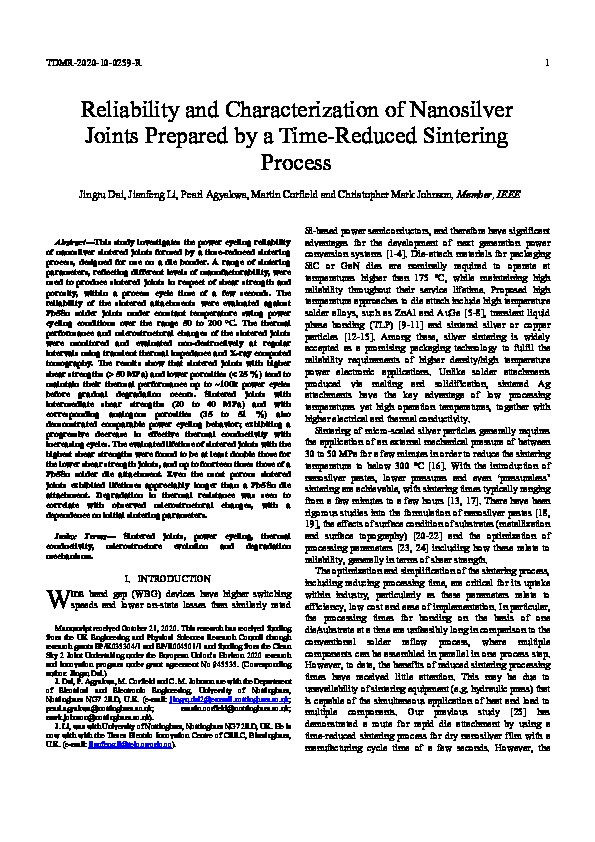 Reliability and Characterization of Nanosilver Joints Prepared by a Time-Reduced Sintering Process Thumbnail