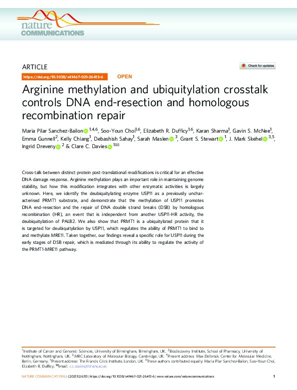 Arginine methylation and ubiquitylation crosstalk controls DNA end-resection and homologous recombination repair Thumbnail
