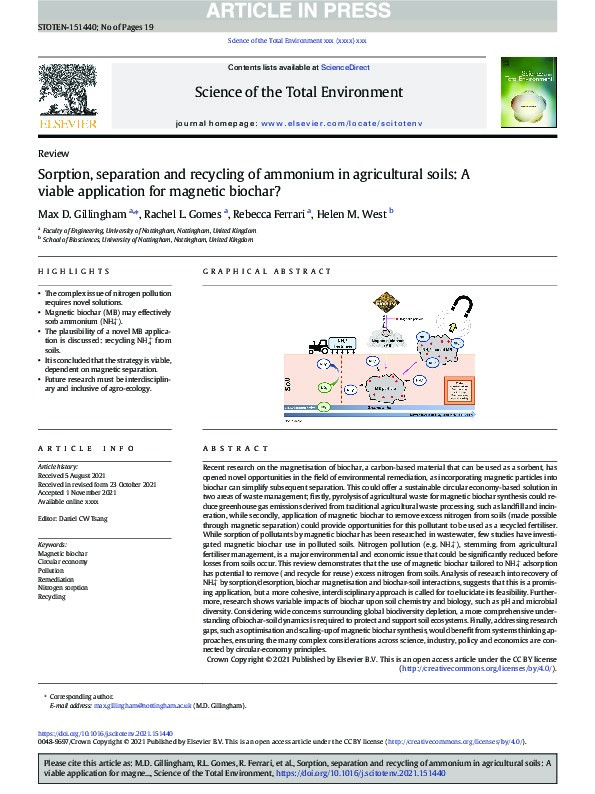 Sorption, separation and recycling of ammonium in agricultural soils: A viable application for magnetic biochar? Thumbnail