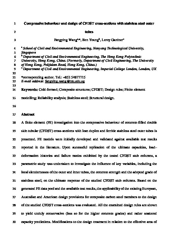 Compressive behaviour and design of CFDST cross-sections with stainless steel outer tubes Thumbnail