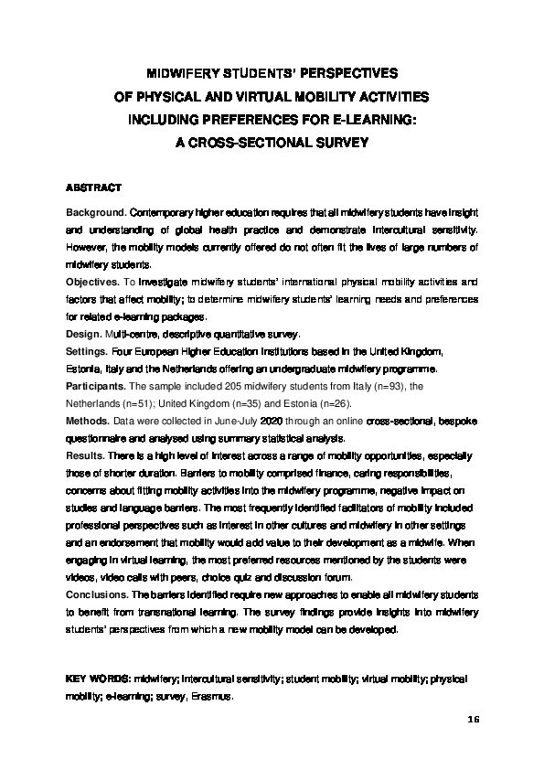 Midwifery students' perspectives of physical and virtual mobility activities including preferences for e-learning: A cross-sectional survey Thumbnail
