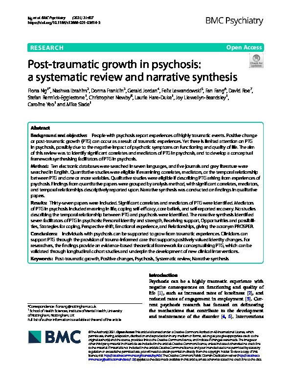 Post-traumatic growth in psychosis: a systematic review and narrative synthesis Thumbnail