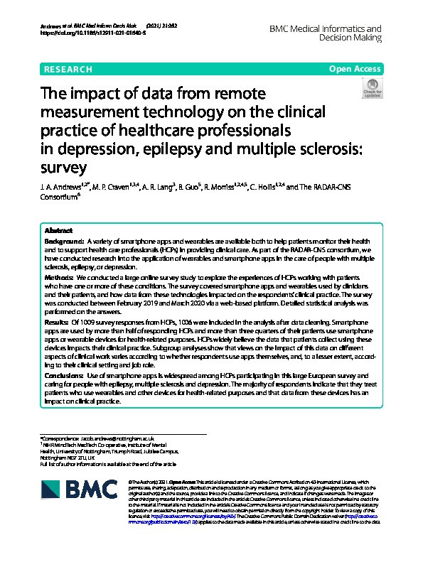 The impact of data from remote measurement technology on the clinical practice of healthcare professionals in depression, epilepsy and multiple sclerosis: survey Thumbnail