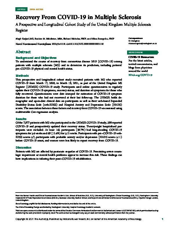 Recovery From COVID-19 in Multiple Sclerosis: A Prospective and Longitudinal Cohort Study of the United Kingdom Multiple Sclerosis Register Thumbnail