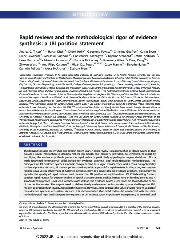 Rapid reviews and the methodological rigor of evidence synthesis: a JBI position statement Thumbnail