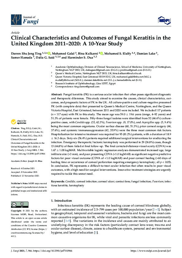 Clinical Characteristics and Outcomes of Fungal Keratitis in the United Kingdom 2011–2020: A 10-Year Study Thumbnail